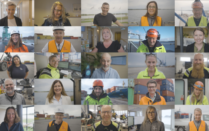 Collage av ansikten på medarbetare i Norrköpings Hamn. Några i skyddskläder andra i kontorskläder.