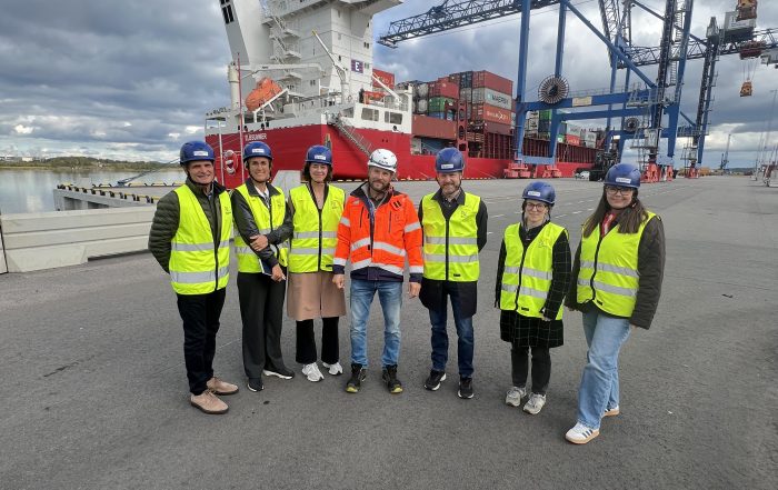 Besökare i Norrköpings Hamn på kajen framför ett containerfartyg.