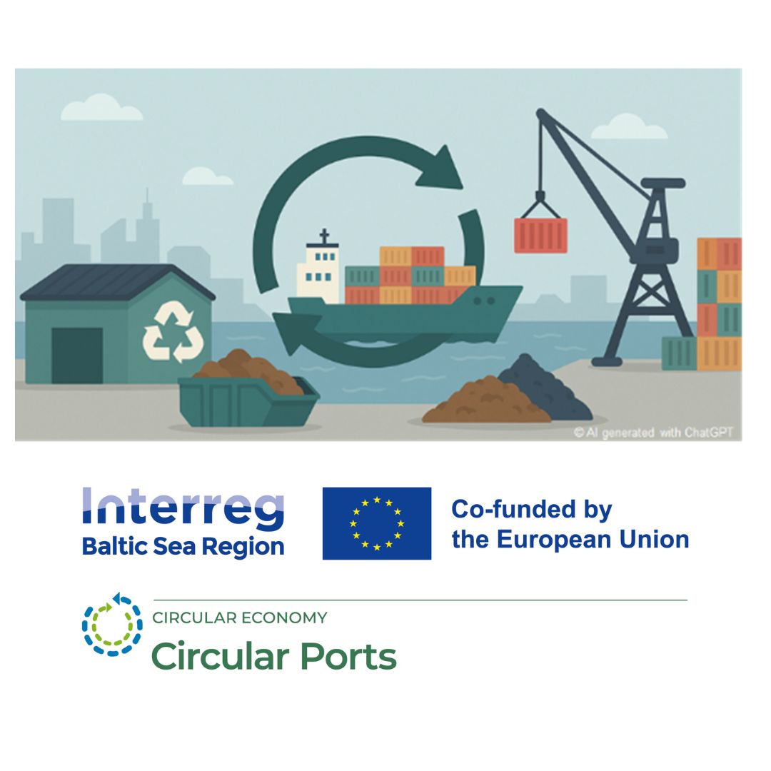Illustration över en hamn och en pil i cirkel tillsammans med loggor för Interreg och EU samt Circular Ports.